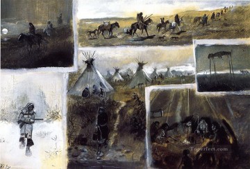 西部劇モンタージュ 1889年 チャールズ・マリオン・ラッセル Oil Paintings